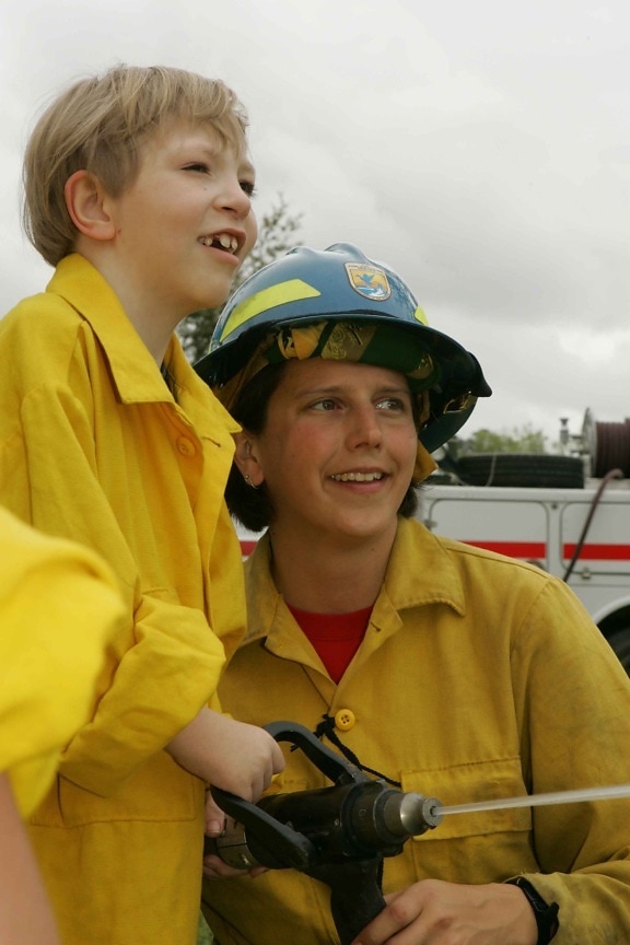 two, young, firefighters, boys, fire