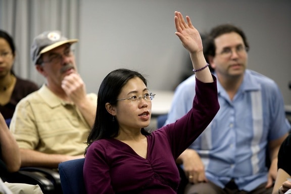 raising, hand, pose, question, Asian, American, woman