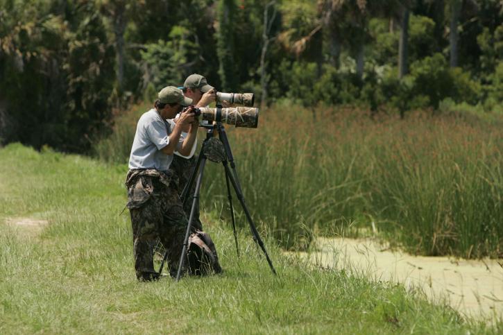 kaksi professional valokuvaajat, kamerat, maaseutu