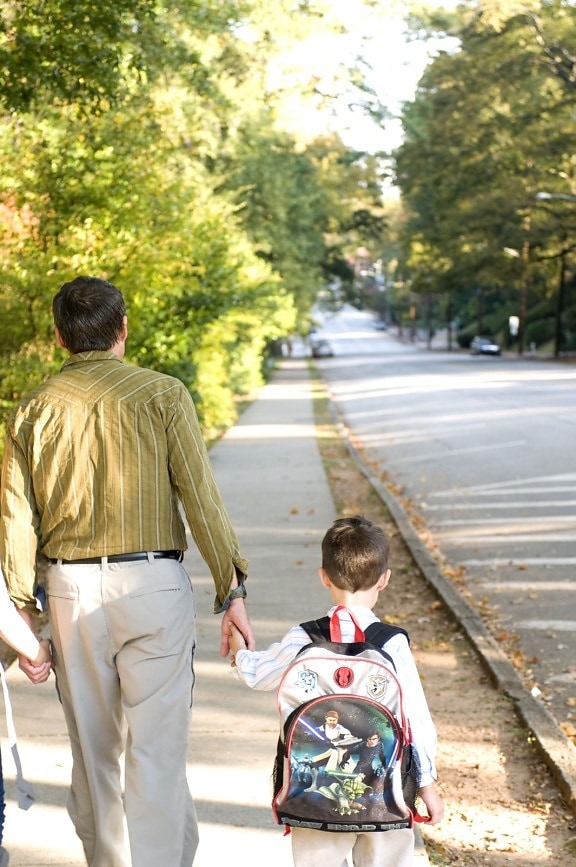 young son, daughter, dad, kids, sidewalk
