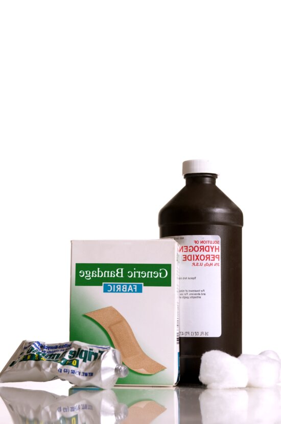 bottle, disinfectant, hydrogen, peroxide, H2O2, box, adhesive, bandages, two, cotton, balls