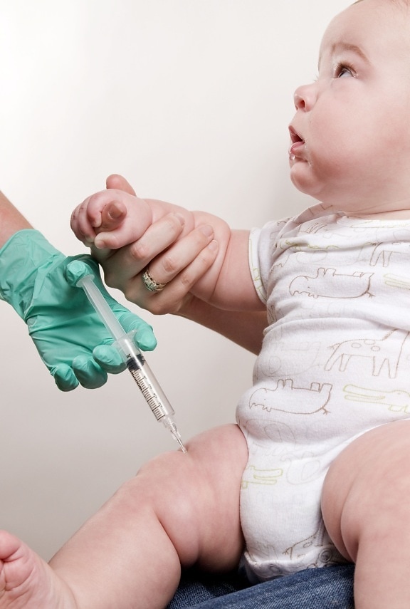 baby, receiving, scheduled, vaccine, injection, thigh, muscle