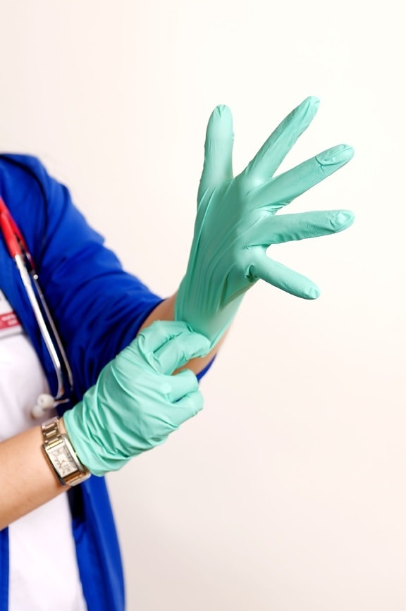 pair, green latex gloves, medical care, doctor