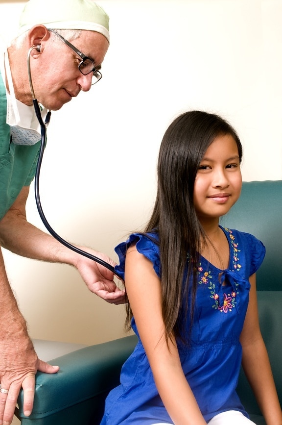 stethoscope, doctor, young girl, back, perform, thoracic, auscultation