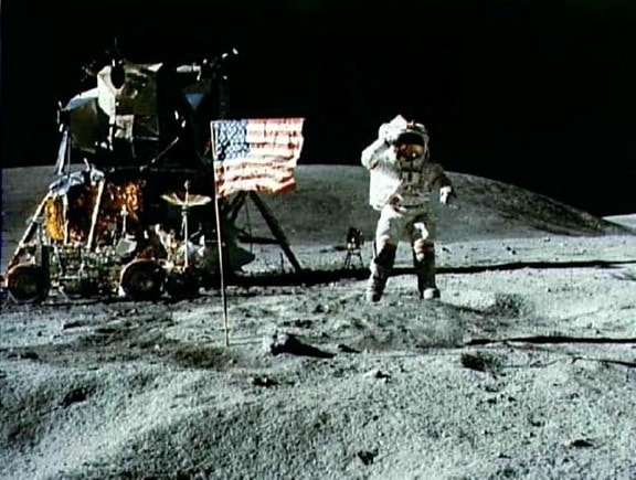 Apollo 11 program, American flag on Moon, cosmonaut on Moon