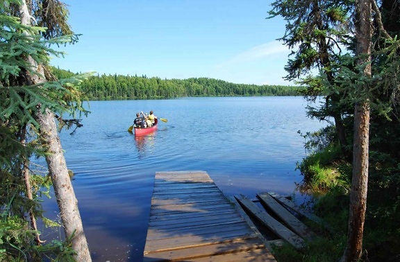 rodina, kanoe, jazero