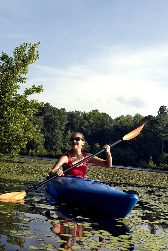 kayaking, lily, pad, covered, lake, Georgia, sunny, morning