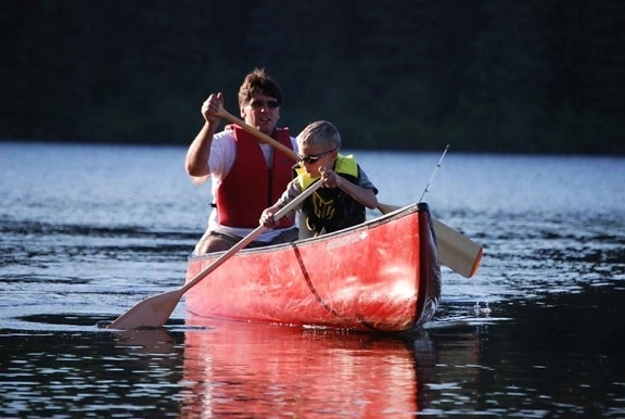 man, boy, paddle, canoe