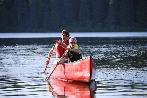 người đàn ông, trẻ em, chèo thuyền, thể thao, đi canoe