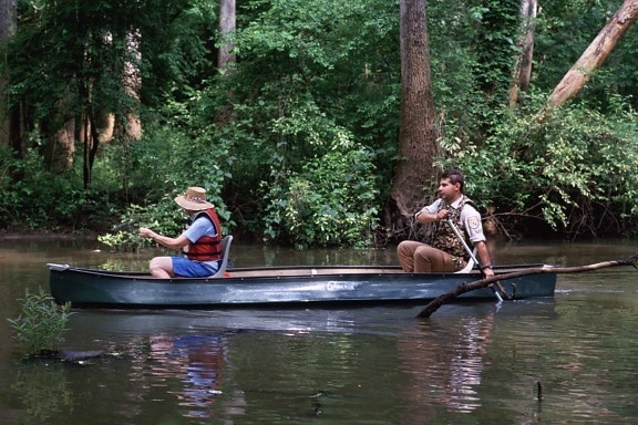 men, paddling, canoe, swamp, elderly, female