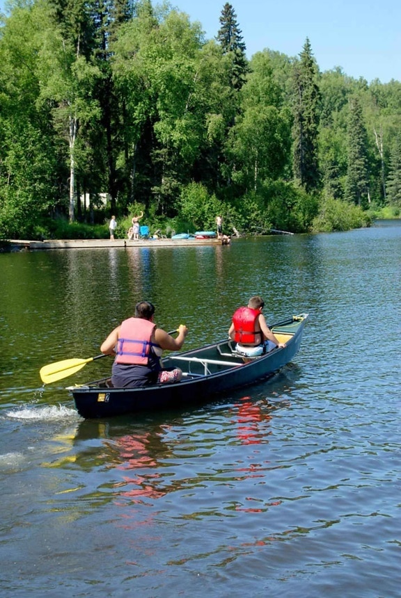 two, people, canoe, lake, swimmers, dock