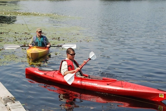 two, young men, relaxing, canoe, ride, quiet, river