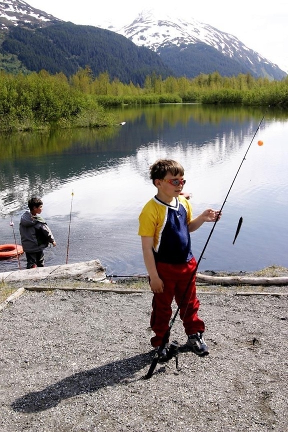 boy, fishing, pole, small, fish