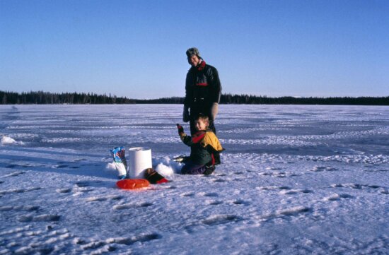father, son, preparing, ice, fishing