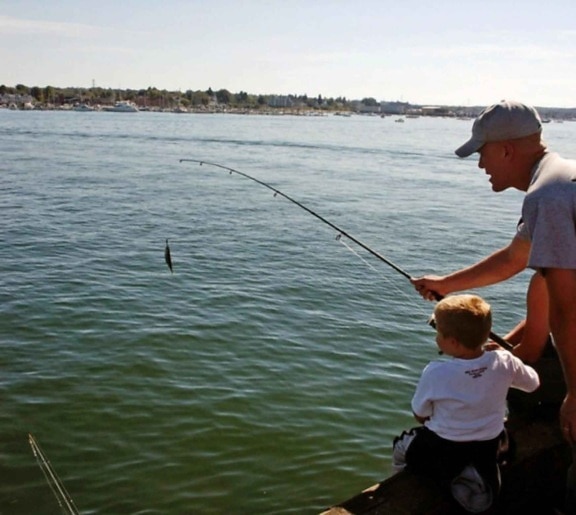 father, son, fishing, little, boy, helps, father, fish
