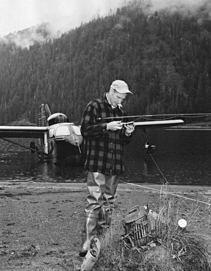 fisherman, assembling, fly, rod, lake, vintage, photo