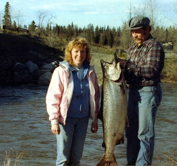 male, female, fisher, chrome, bright, king, salmon, caught