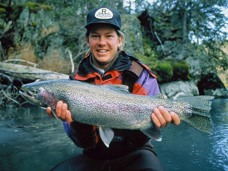 man, holding, rainbow, trout, oncorhznchus, mykiss