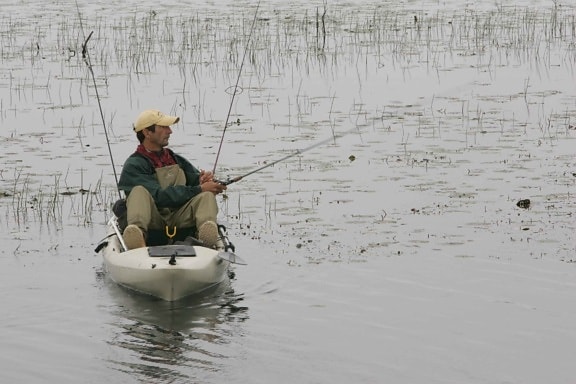 man, white, canoe, casting, fishing, line, water