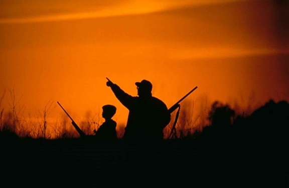 silhouette, père, fils, chasse, coucher de soleil