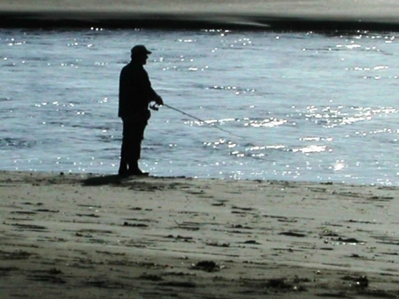 sihouette, sportfisherman, mostrato, fiume