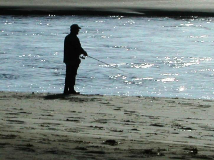 sihouette, sportfisherman, getoond, rivier