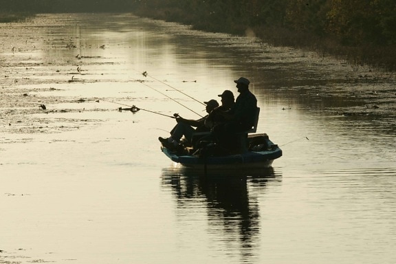 three, men, silhouette, glassy, water, fishing boat