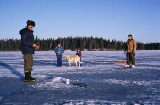 two, adult, man, children, enjoy, skating, ice, fishing