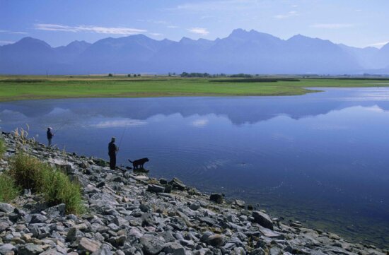 two, fisherman, lake, dog