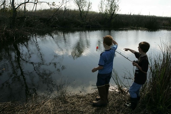 két fiatal fiúk, élvez, nap, horgászat