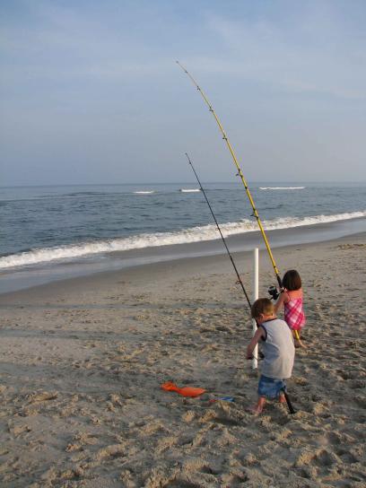 young boy, girl, enjoy, day, fishing, beach