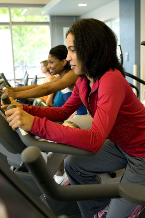 three, women, making, facilitys, treadmills, taking, part, aerobic, exercise