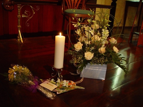 candle, flowers, wooden, floor