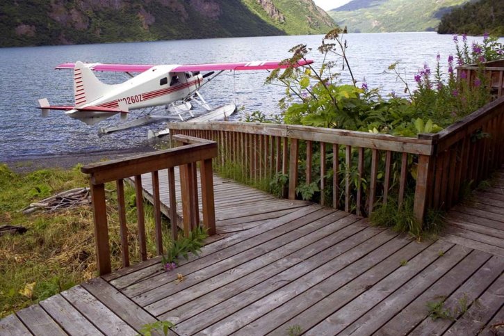 float, plane, lake, cabin, deck