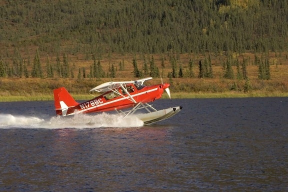 flotador, avión, aterrizaje, agua, superficie