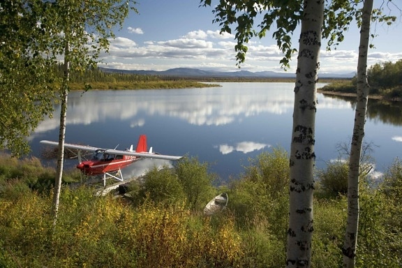水, 喷气机, 飞机, 湖泊, 岸边, 小船