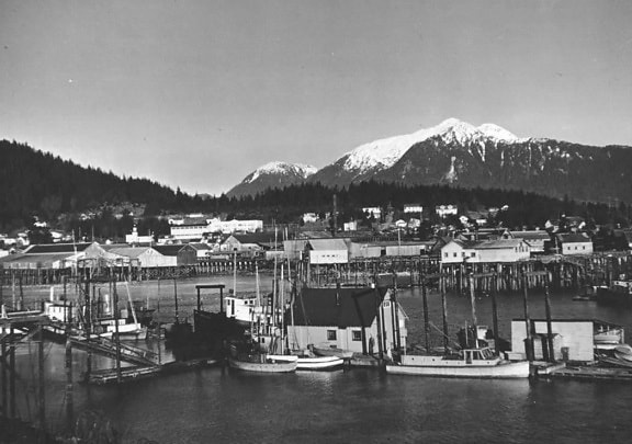 boat, harbor, snowcaped, mountains, background