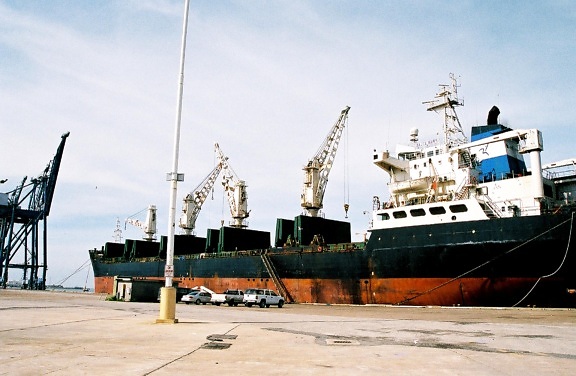 cargaison, bateau, amarré, Galveston, port, en attendant, laissez, chargé, cargaison