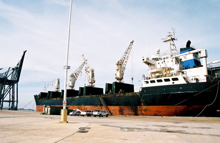 chở hàng, tàu, neo đậu, Galverston, port, chờ đợi, rời, có tải, vận chuyển hàng hóa
