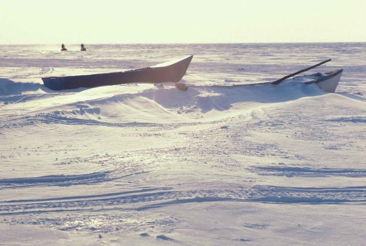 small, kotzebue, boats, covered, snow, winter