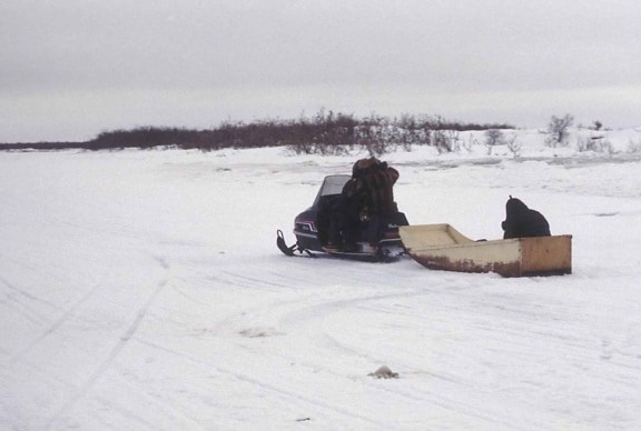 snowmobile, pulling, boat, snow