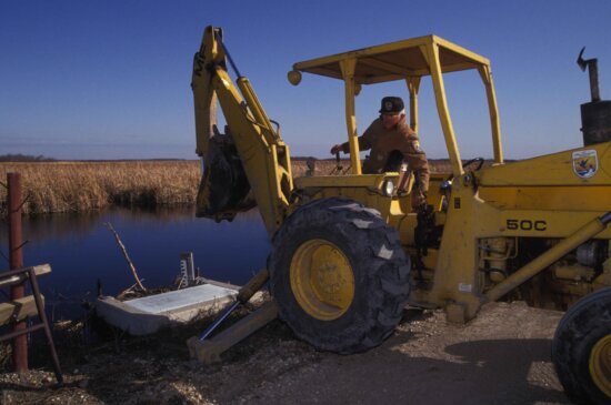 person, tractor, manage, wetland area