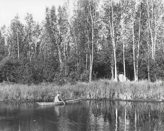 black and white, image, man, canoe, tent, camp, paddling, tall, grass