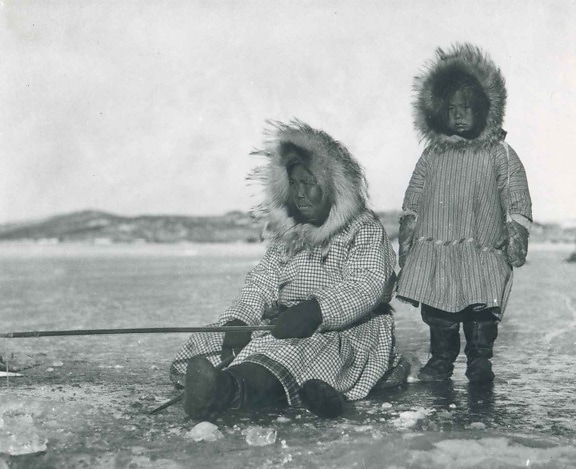 Eskimi, žena, djevojka, led, ribolov