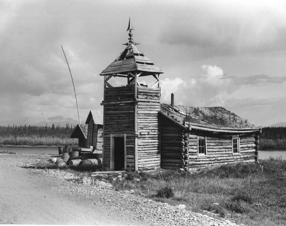 black and white, image, village, log, church