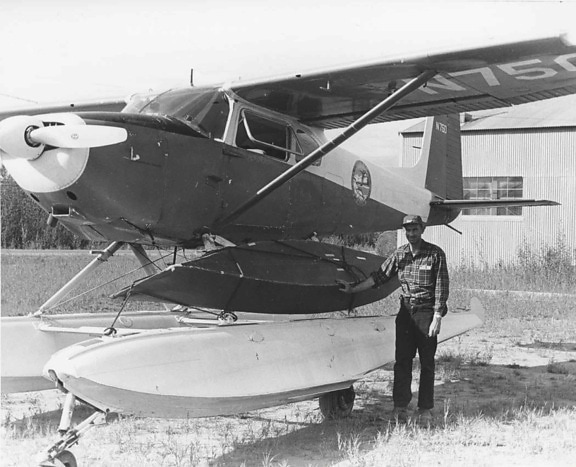 history, photo, man, stands, float, plane, ground