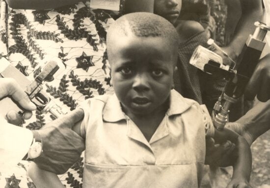 young, west, African, Cameroonian, boy, process, receiving, vaccinations