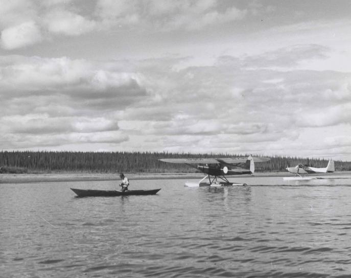historia, vintage, foto, canoa, dos, flotador, aviones