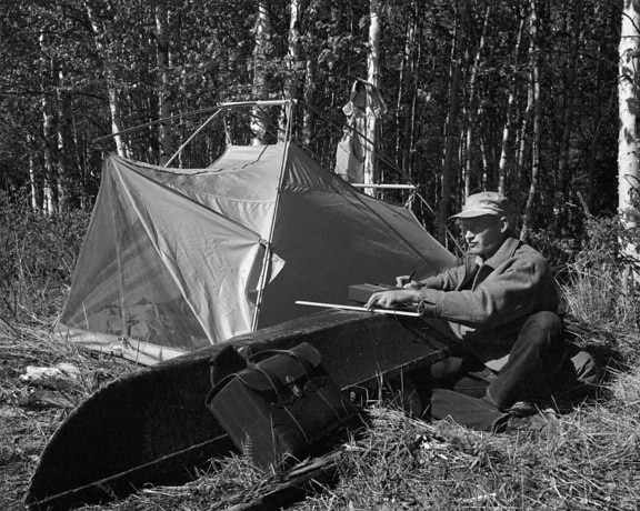 manden, camp, ved siden af, lejr, telt, vintage, foto