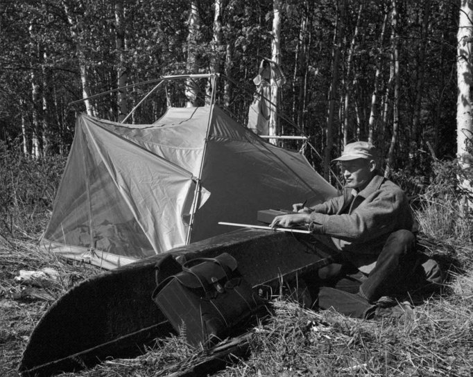 man, läger, bredvid, camp, tält, vintage, Foto